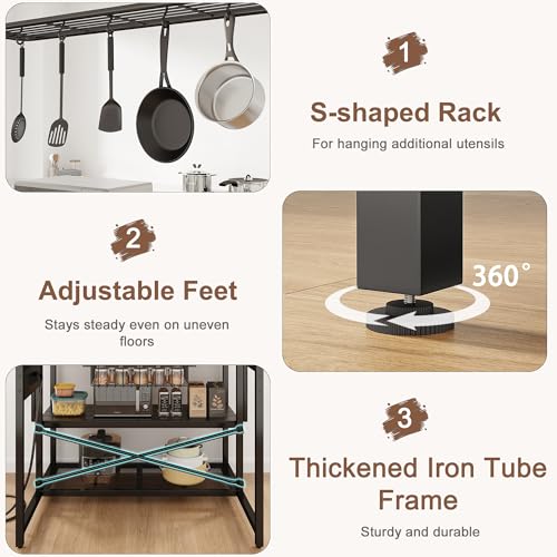 46" Large Kitchen Island Table Baker Rack with Power Outlet and 3-Tier Storage-Microwave Stand Oven Shelf, Metal Coffee Bar Table