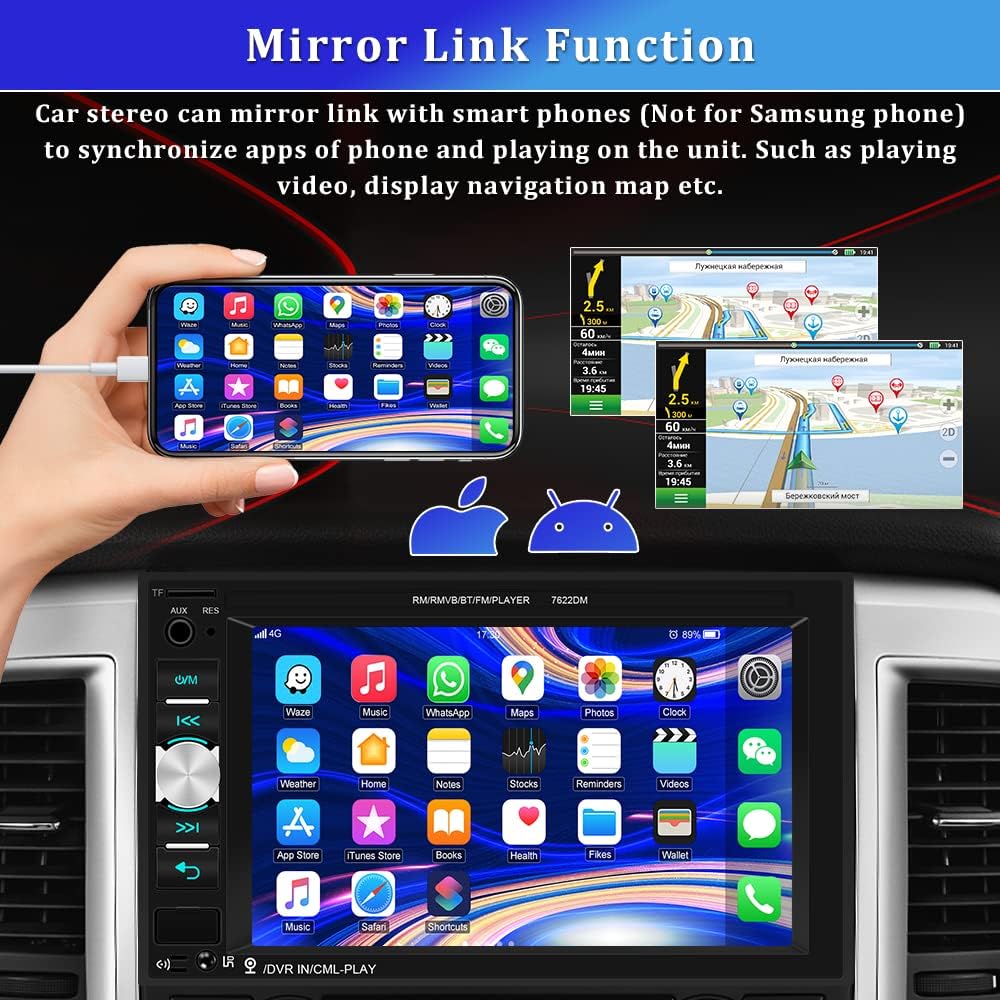UNITOPSCI Car Multimedia Player Double Din Bluetooth Car Stereo 6.2 Inch Touch Screen Car Radio Hands Free Call MP5 Player USB SD Auxiliary Input FM