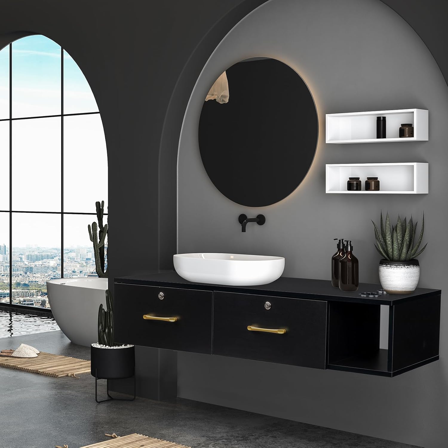 Black Wall Mount Station with Drawers Storage Beauty Salon Spa Equipment, Salon Cabinet Storage for Barbershop Beauty Spa Salon