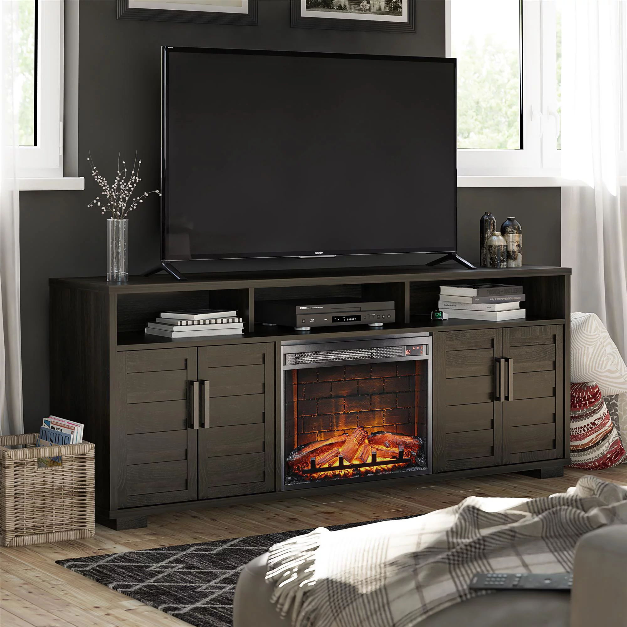 Ameriwood Home Fernwood Electric Fireplace Console TV Stand for TVs up to 75", Espresso