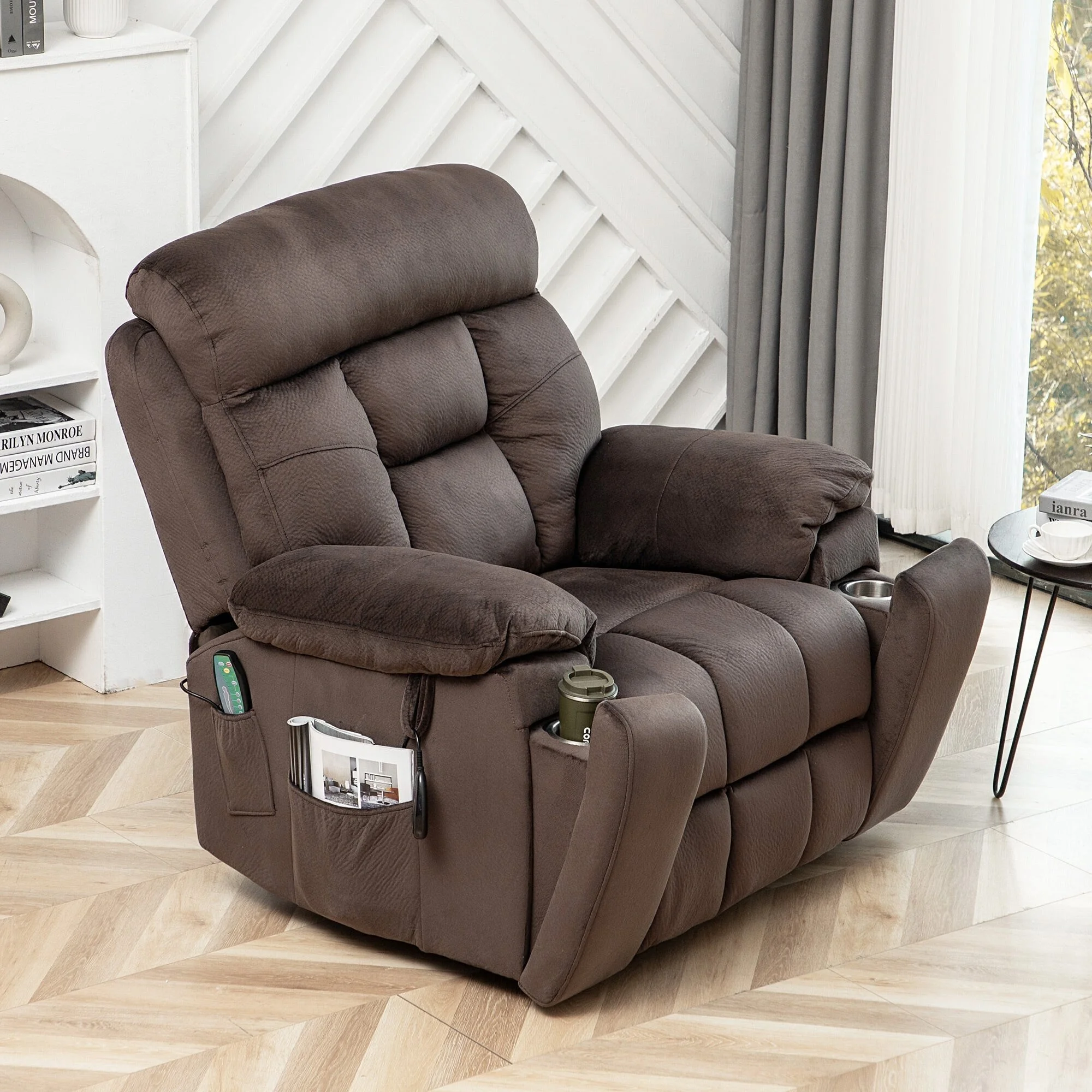 Big and Tall Velvet Power Lift Massage Recliner Chair, Hidden Cup Holders Coffee