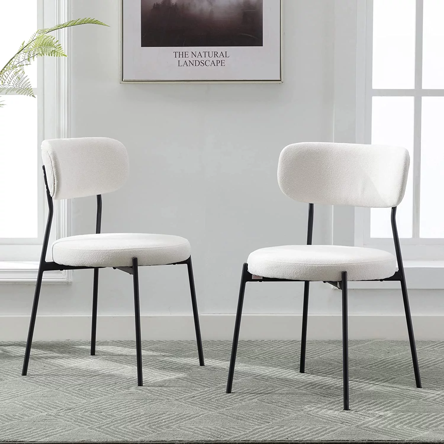 Duhome Modern Dining Chairs Set of 2 Boucle Upholstered Dining Room Chairs Kitchen Chairs for Small Spaces Side Chair w/ Black Metal Legs, Cream White