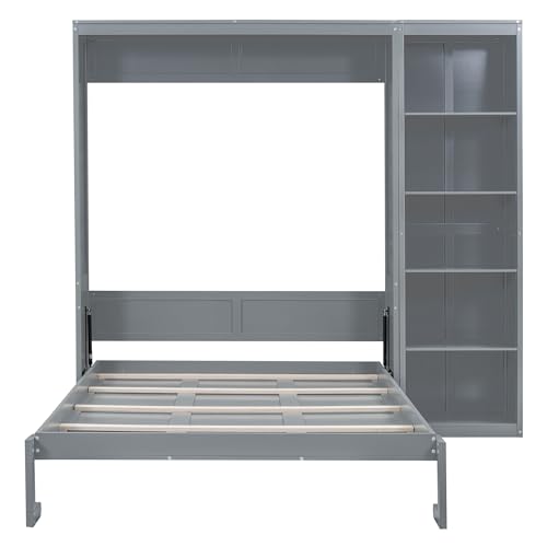 Harper & Bright Designs Full Size Murphy Bed Wall Bed with Storage Shelves, Drawers and LED Lights