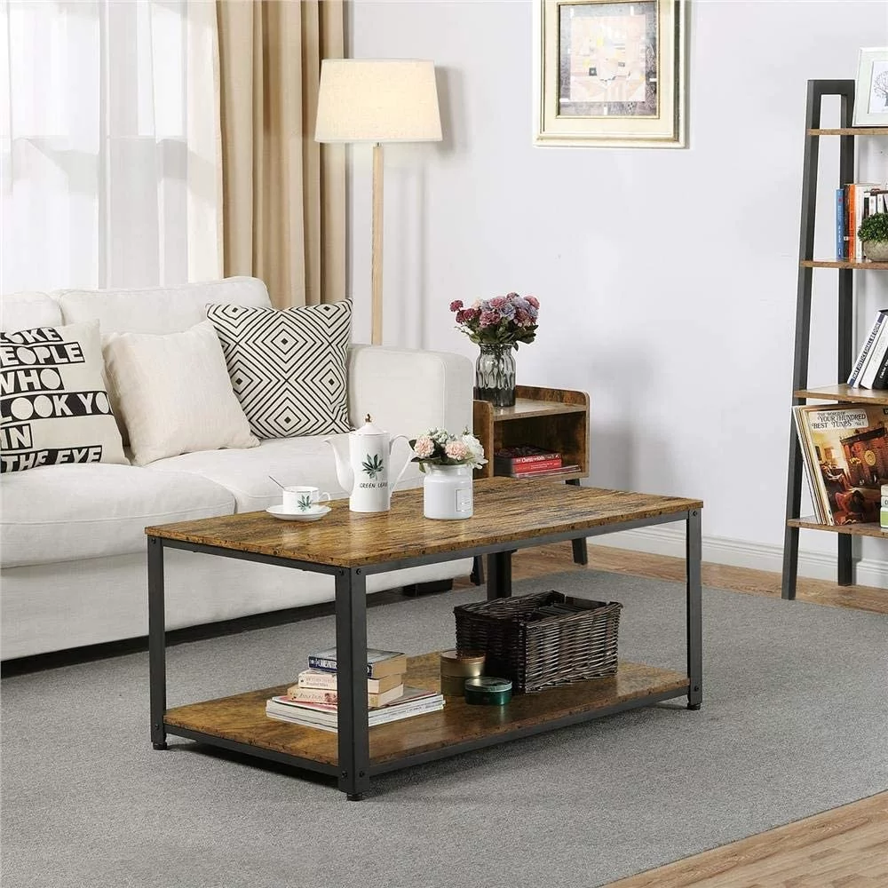 Industrial Living Room 3-Piece Table Sets - Includes Coffee Table & Two End Sofa Side Tables, Wood Home Accent Furniture, Easy Assembly, Rustic Brown