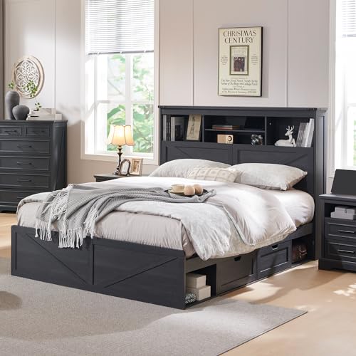 Queen Size Wood Bed Frame Farmhouse with 52" Tall Storage Bookcase Headboard, LED Light,Charging Station,4 Drawers and Solid Wood Slats Support