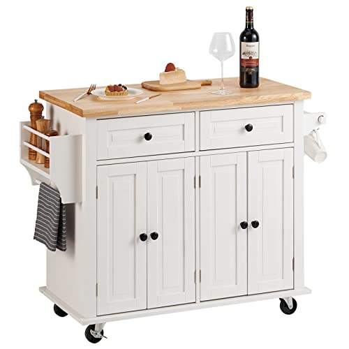 VEVOR Kitchen Island Cart with Solid Wood Top, 35.4" Width Mobile Carts with Storage Cabinet, Rolling Kitchen Table with Spice Rack, Towel Rack