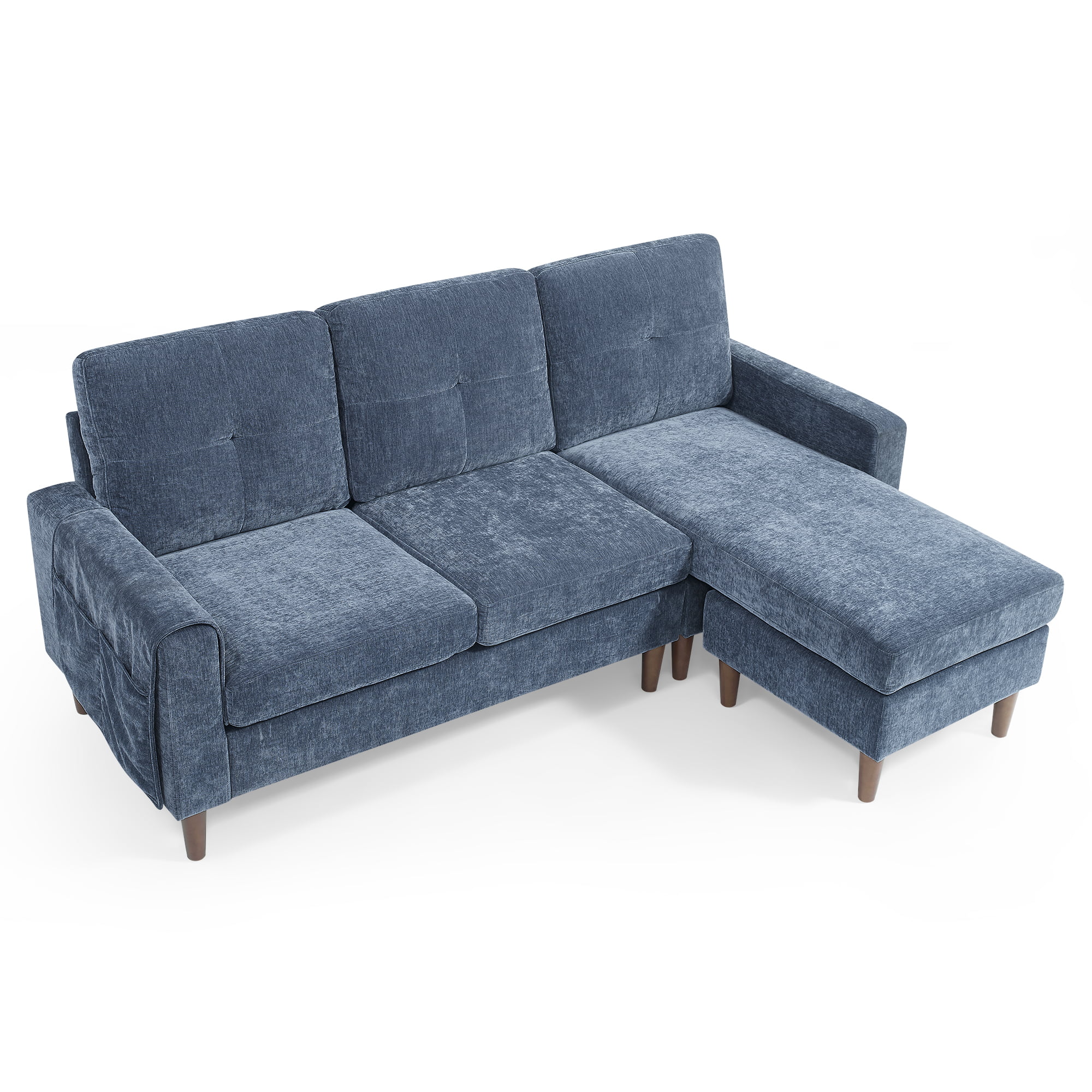 80" Convertible Sectional Sofa Couch, 3 Seats L-shape Sofa with Removable Cushions and Pocket, Rubber Wood Legs, Navy Chenille