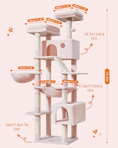 71-Inch Large Cat Tree for Large Cats, Plush Multi-Level Cat Condo with 8 Scratching Posts, 2 Perches, Cave, Hammock, 2 Pompoms