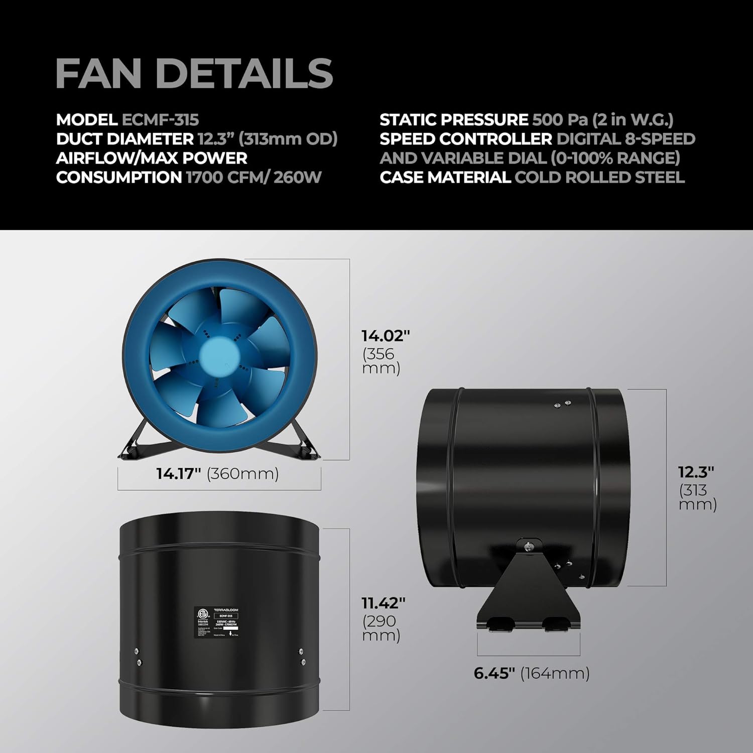 TerraBloom ECMF-250, Quiet 10 Inch Inline Duct Fan with 0-100% Variable Speed Controller, ETL, Energy Star and HVI Certified. Metal Case