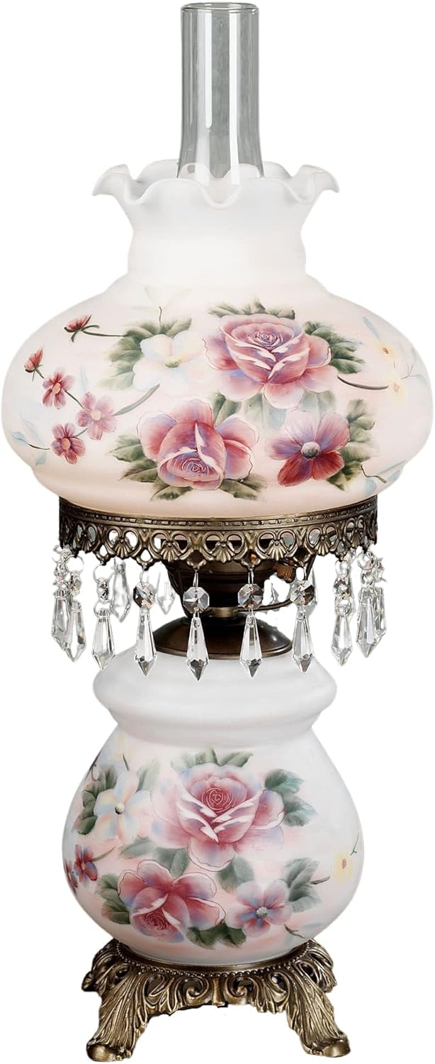 Beatrice Hurricane Rose Table Lamp Pink One Size - 24 Inches High - Victorian Style - Crystal Beads, Glass - Floral Aesthetic, Roses - Electric