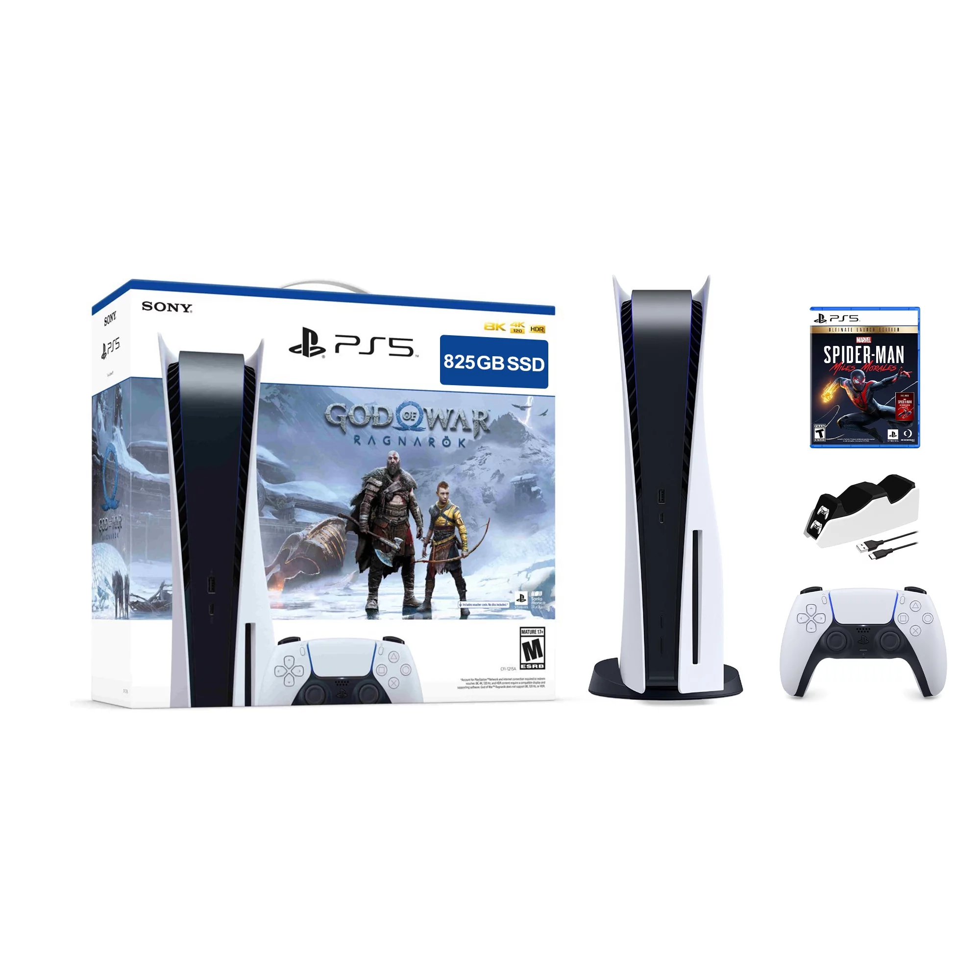PlayStation 5 Disc Edition God of War Ragnarok Bundle with Spider Man Miles Morales and Mytrix Controller Charger - Radiant Selections