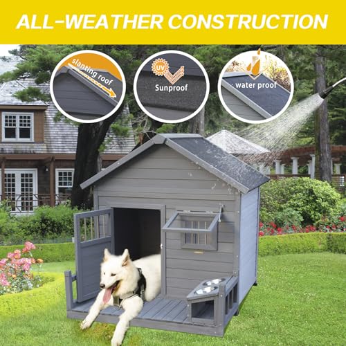 Outdoor Wooden Dog House,Waterproof Kennel with Deck and Sloped Roof,High Stability Pet Dog Cage for Small/Medium Puppy