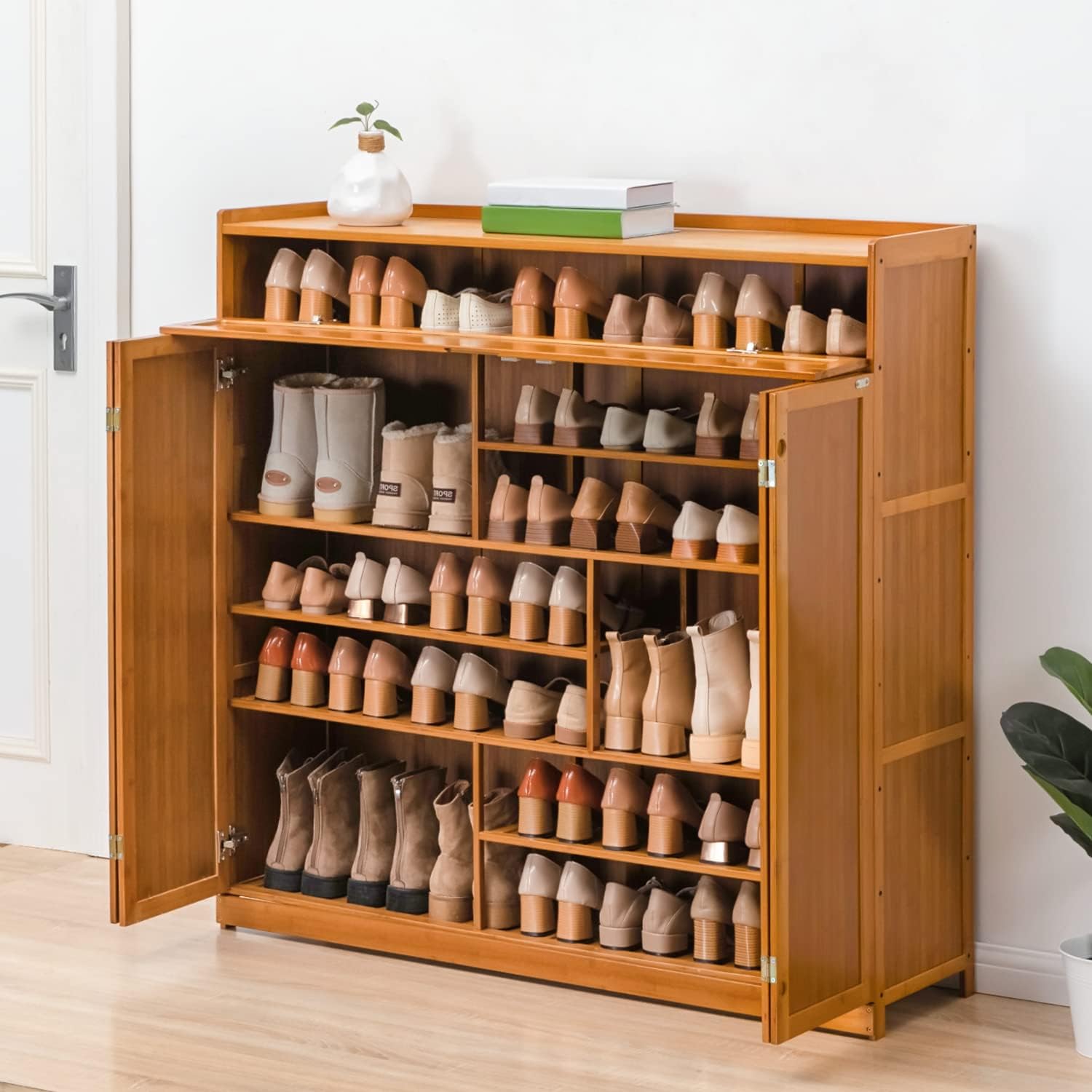 Magshion Large 7 Tier Shoe Storage Cabinet with Bamboo Doors, Multifunctional Organizer Rack for Home Living Room