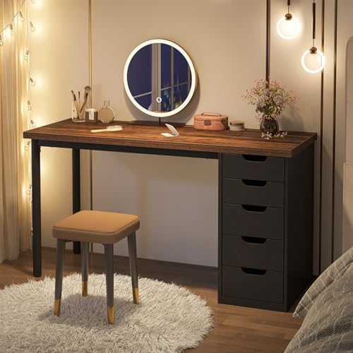 Tribesigns 47 inches Vanity Desk with 5 Drawers, Rustic Brown Makeup Vanity Table Dressing Table with Storage, Modern Simple Computer Desk for Women