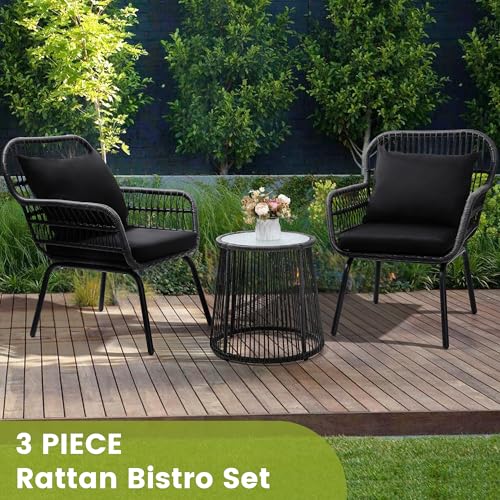 3 Piece Rattan Wicker Bistro Set, Outdoor Conversation Furniture Set with Glass Top Table, Space Saving for Balcony, Backyard, Natural