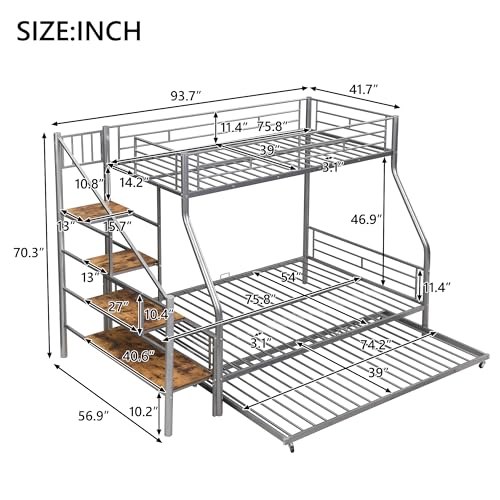 Twin Over Full Bunk Bed with Trundle and Stairs, Metal Bunk Bed with Storage and Safe Guardrails, Heavy-Duty Metal Bunkbeds for Teens, Adults