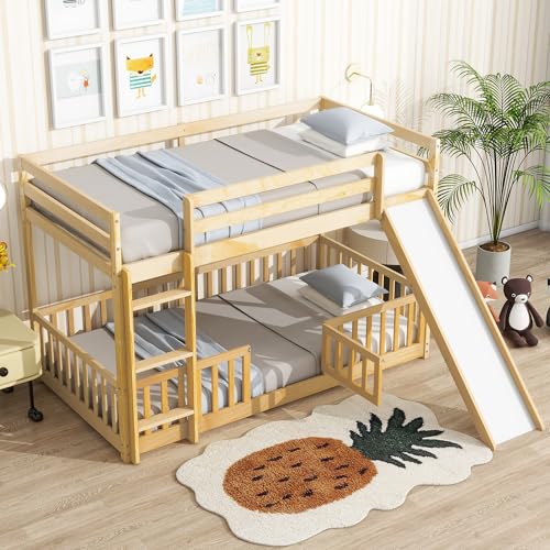 Bunk Beds Twin Over Full Size, Pine Solid Wooden Bunk Bed with Slide, Storage Staircase, Safety Guardrails for Kids, White