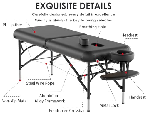 CLORIS 84" Professional Massage Table Portable 2 Folding Lightweight Facial Solon Spa Tattoo Bed Height Adjustable with Carrying Bag & Aluminium Leg