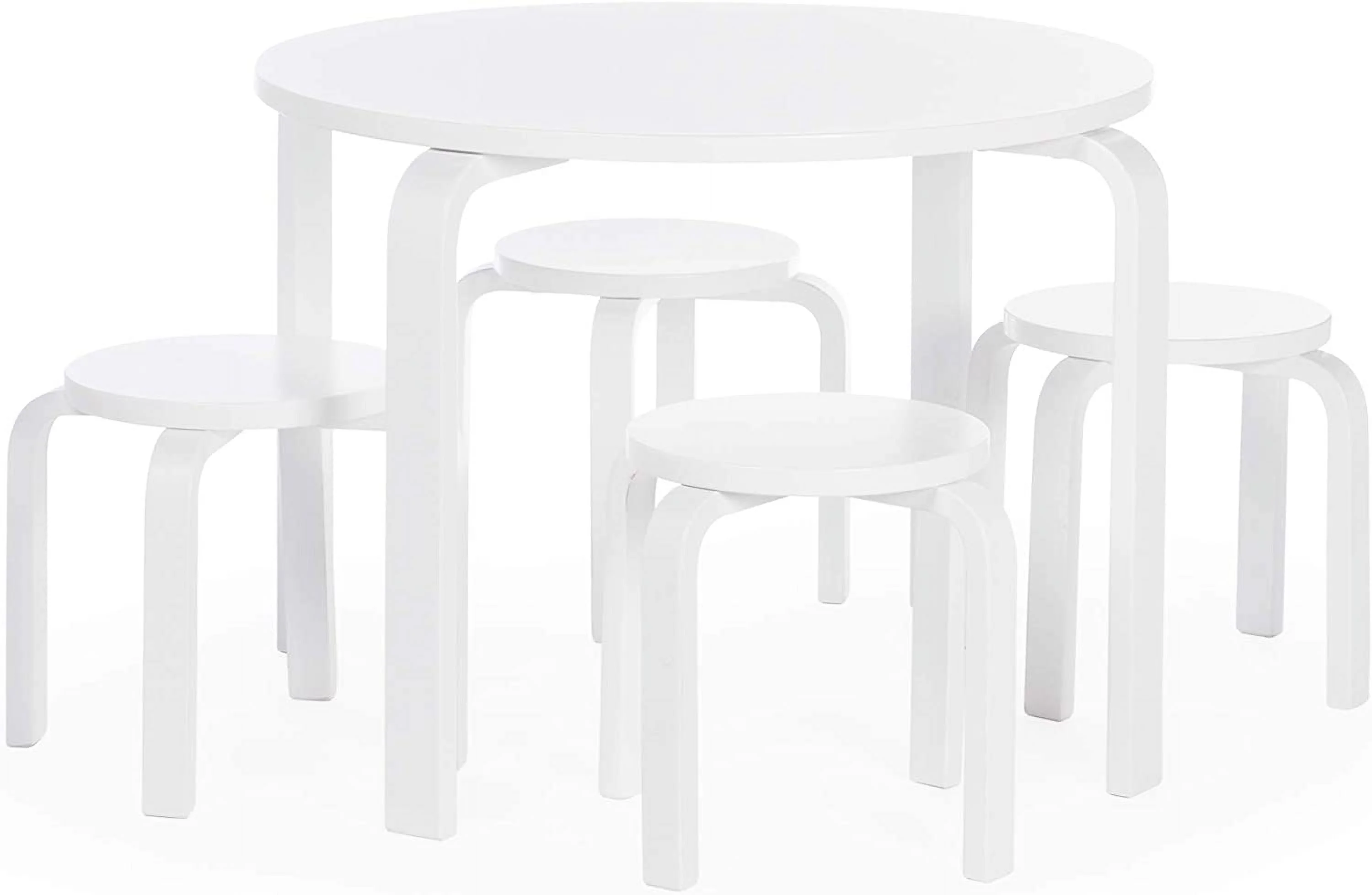 Nordic Table and Chairs Set for Kids: White - Stacking Bentwood Stools with Curved Wood Toddler Activity Table - Children's Modern Bedroom, Playroom
