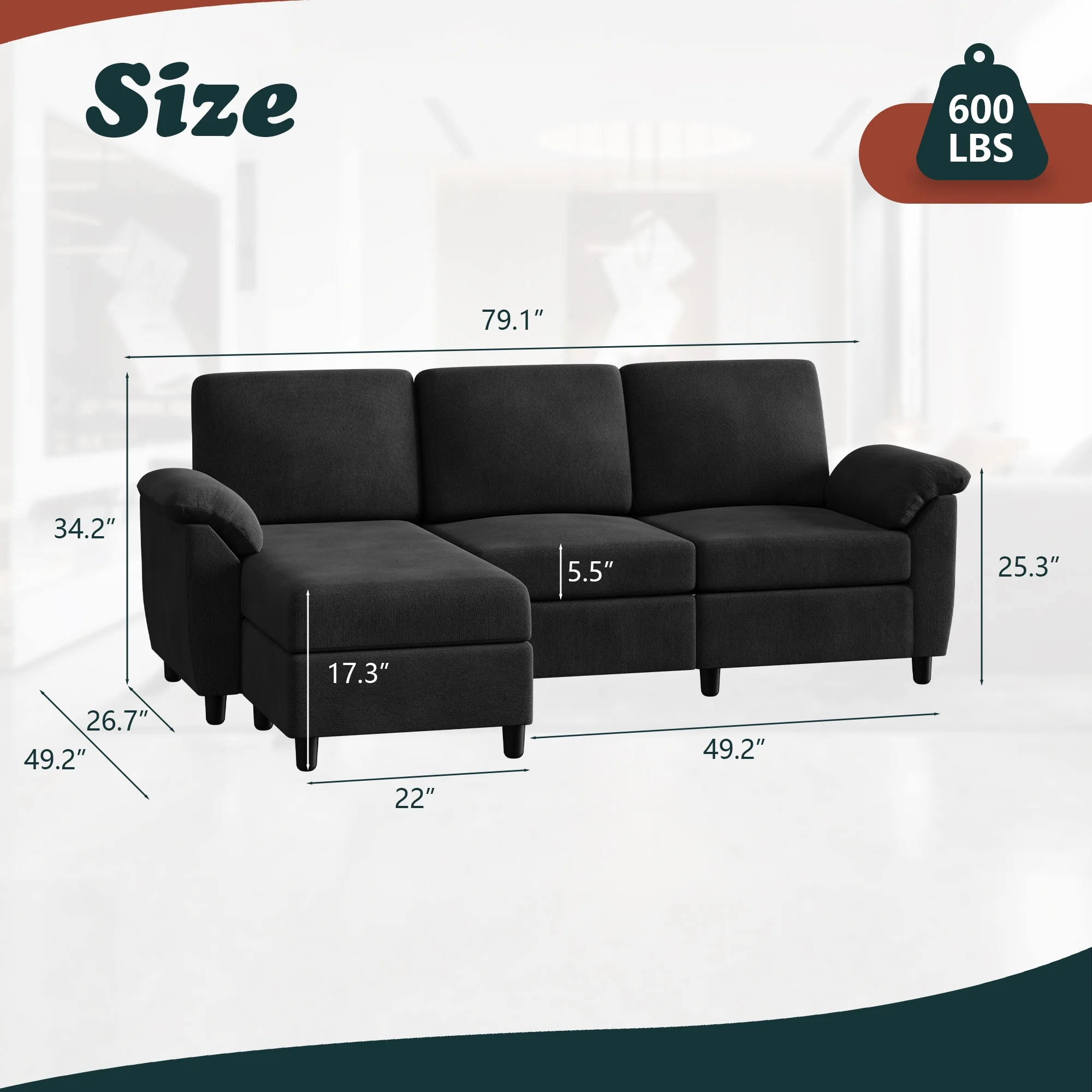 Walsunny 79 Convertible Sectional Sofa Couch,Linen Fabric L Shaped Sofa with Removable Pillows Dark Gray