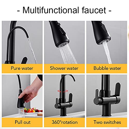 LUNEZY Kitchen Sink Mixer Taps Deck Mounted Black Kitchen Faucets, Pull Out Hot Cold Water Filter Tap for Kitchen
