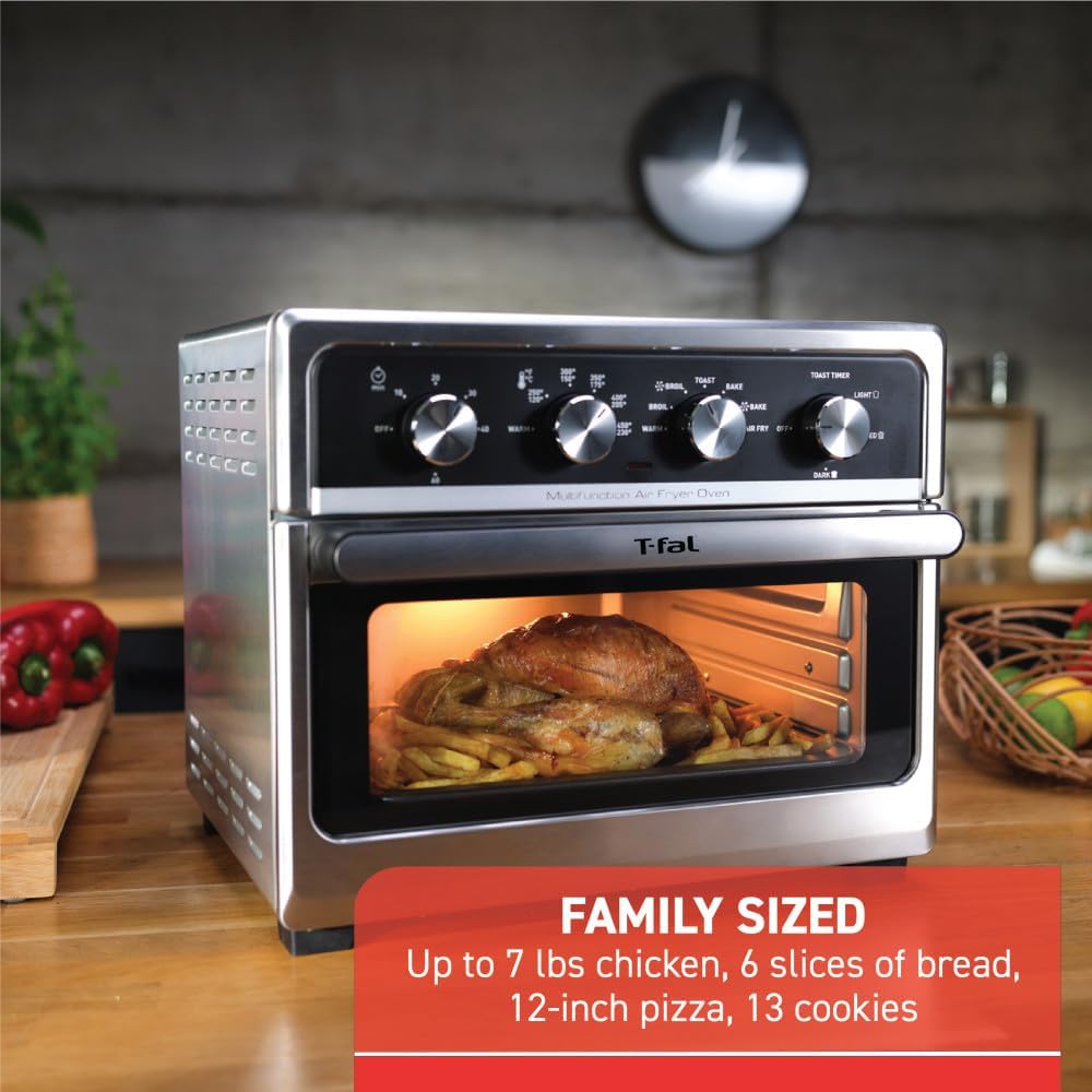 T-fal 9 in 1 Toaster Oven Air Fryer Combo Stainless Steel Convection Countertop Oven, Fast Heatup, 7 Pound Chicken Capacity, Extra Crispy Results