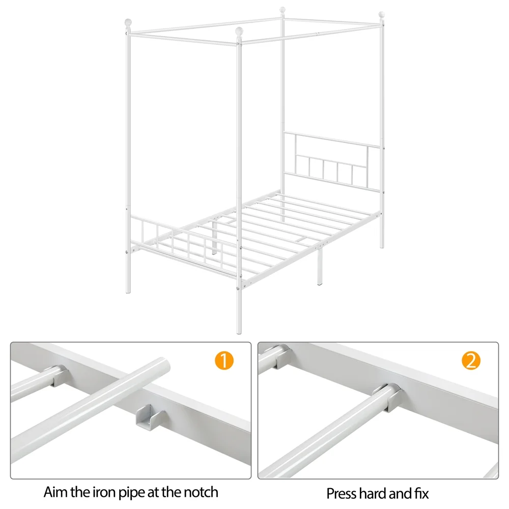 Easyfashion Juno Metal Canopy Bed Frame Four Poster Bed with Headboard and Footboard, White, Twin