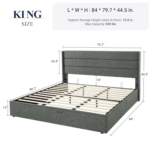 Allewie Full Size Lift Up Storage Bed, Modern Wingback Headboard, Hydraulic Support, No Box Spring Needed, Light Beige