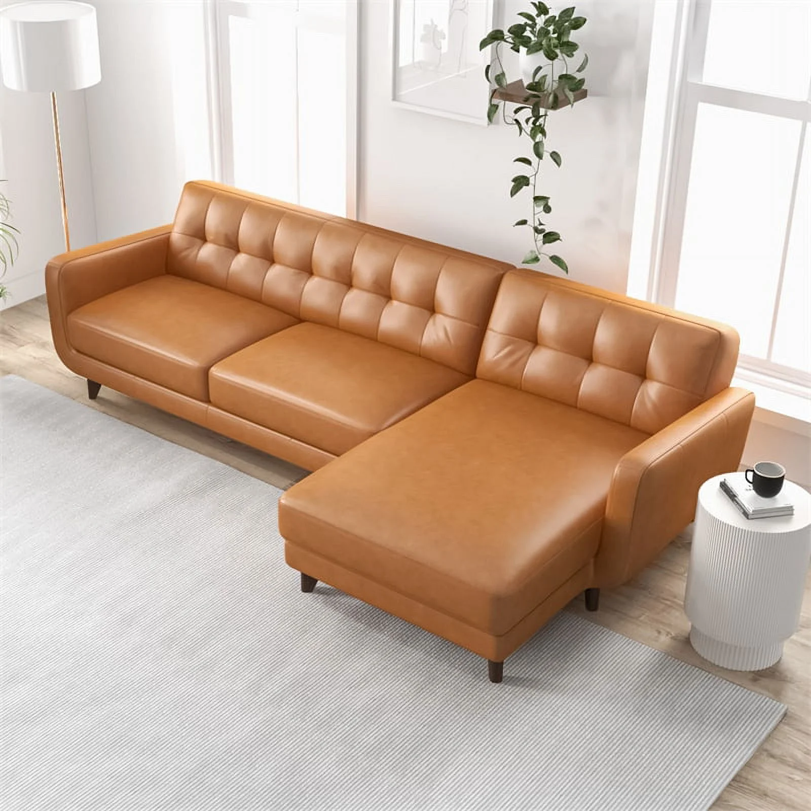 Pemberly Row Mid-Century L-Shaped Leather Right-Facing Sectional in Brown