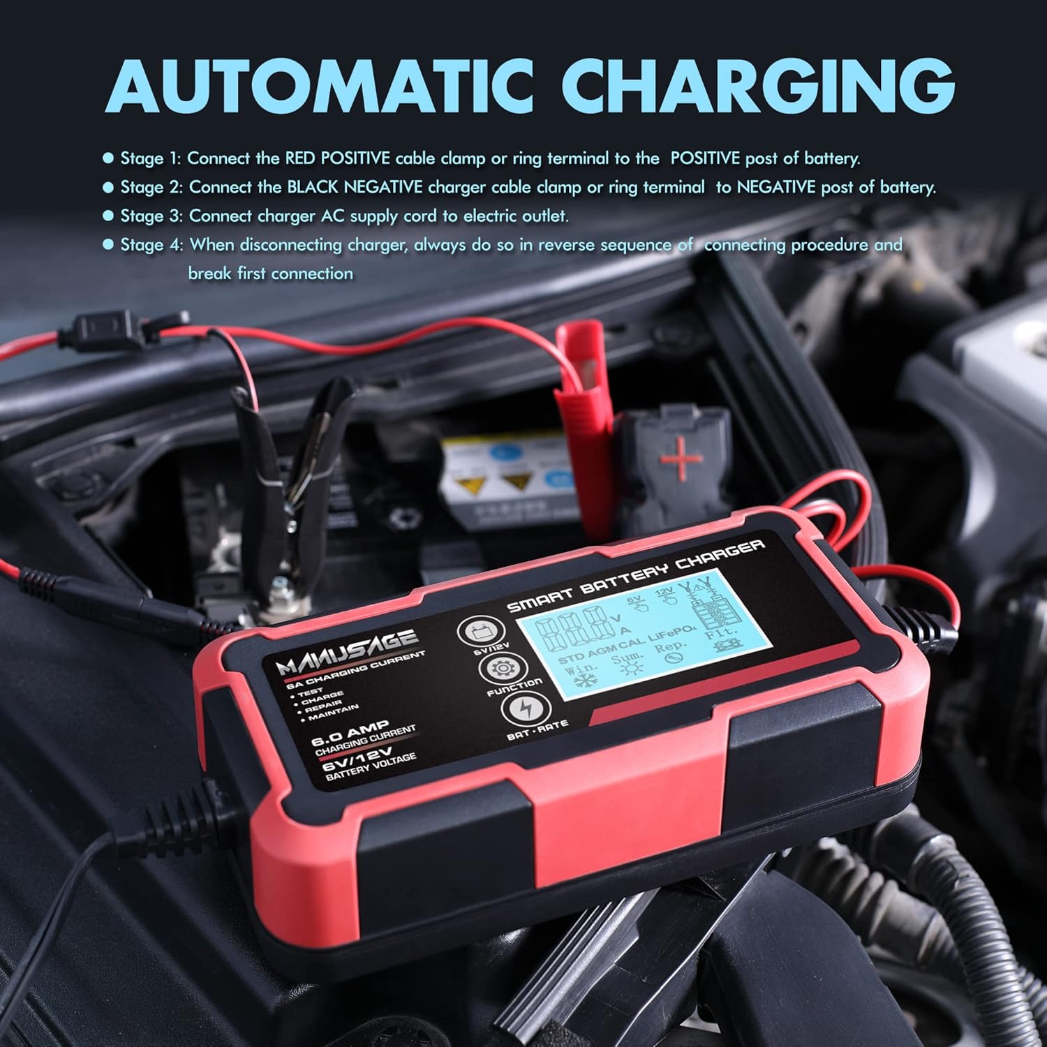 Manusage 6-Amp Fully-Automatic Smart Charger, 6V and 12V Portable Battery Charger, Battery Maintainer, Trickle Charger