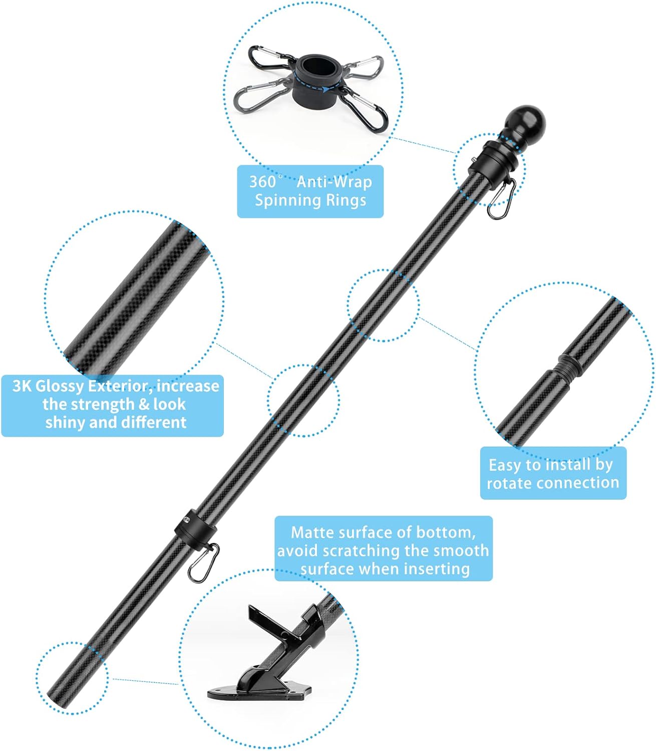HIBLE Tangle Free Flag Pole 8FT Black Flag Pole 1 inch Pop-up Easy Assemble Lightweight Carbon Fiber Flag Pole for House (no Flag and no Bracket)