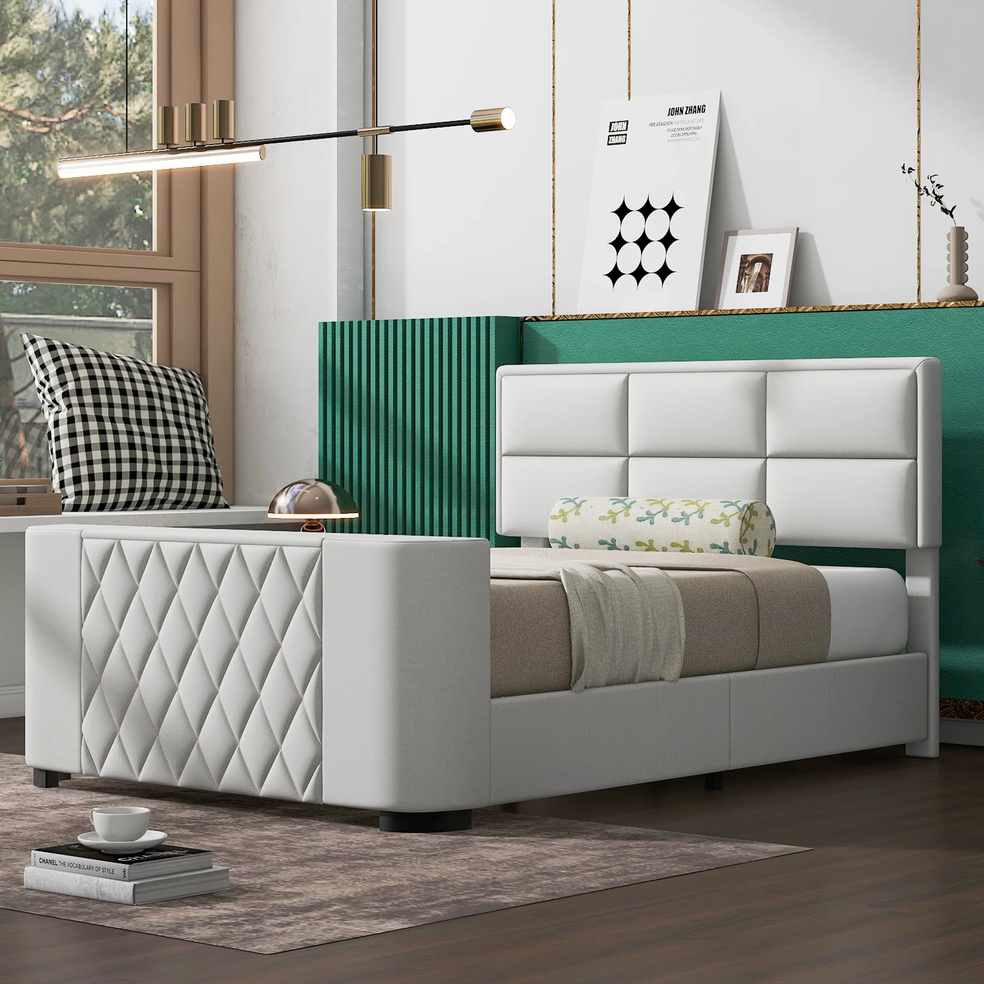 Euroco Upholstery Queen Size Platform Bed, Gaming Bed with Hidden TV Mount and Adjustable Headboard for Living Room, Beige