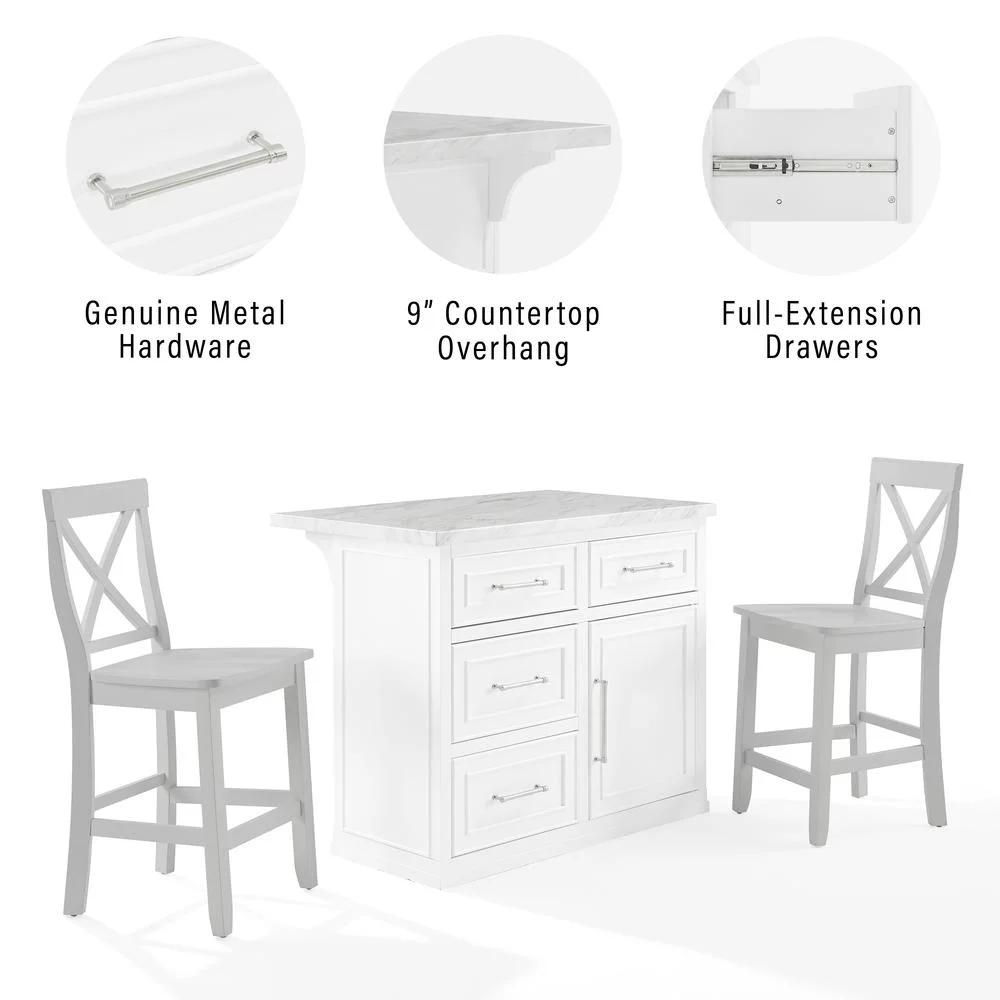 Crosley Furniture Cutler 3-Piece Wood Kitchen Island w/ X-Back Stools in White
