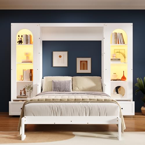 Merax Queen Size Murphy Bed, Wooden Queen Murphy Bed Wall Bed with Sofa and Cushion, for Home Office or Small Room, White