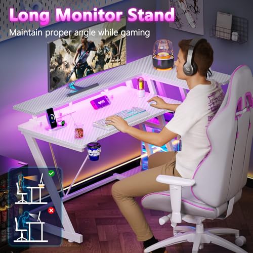 55 Inch Gaming Desk with Power Outlet & LED Lights, L Shaped Gamer Computer Table with Storage Shelves for Bedroom, Corner Home Office Desk