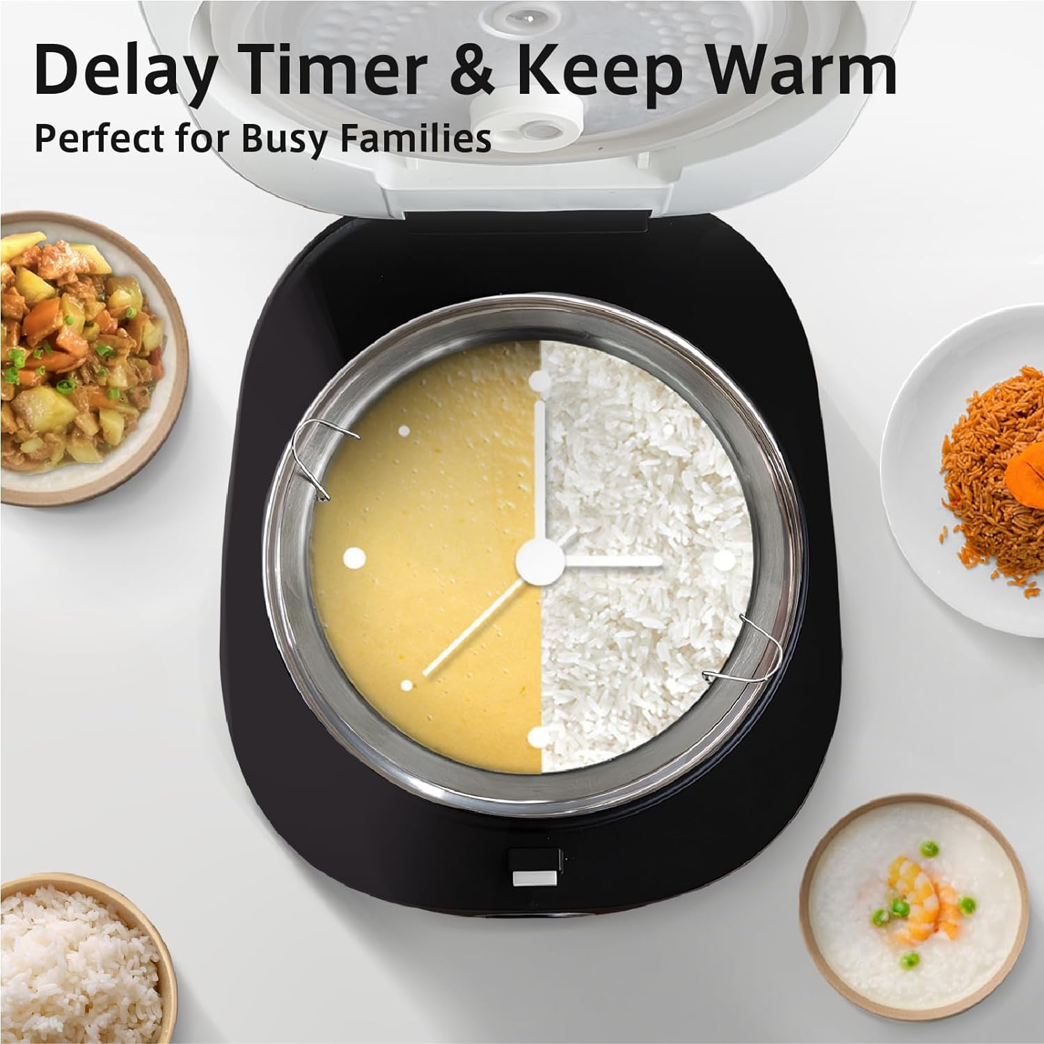 YOKEKON Rice Cooker Stainless Steel Inner Pot, Low Carb Large 8 Cup Rice Maker with Steamer Basket, 24H Delay Timer and Auto Keep Warm Feature