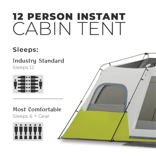 CORE Instant Cabin Tents | 6 Person / 9 Person / 10 Person / 12 Person Family Cabin Multi Room Pop Up Tents Car Camping | Included Storage Pockets
