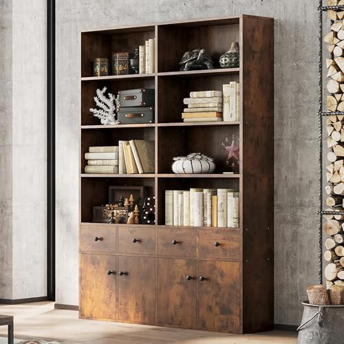 IRONCK 78.7" Bookcase with 4 Drawers and 4 Doors, 6 Tier Large Bookshelf with Storage, Floor Standing Display Storage Shelves