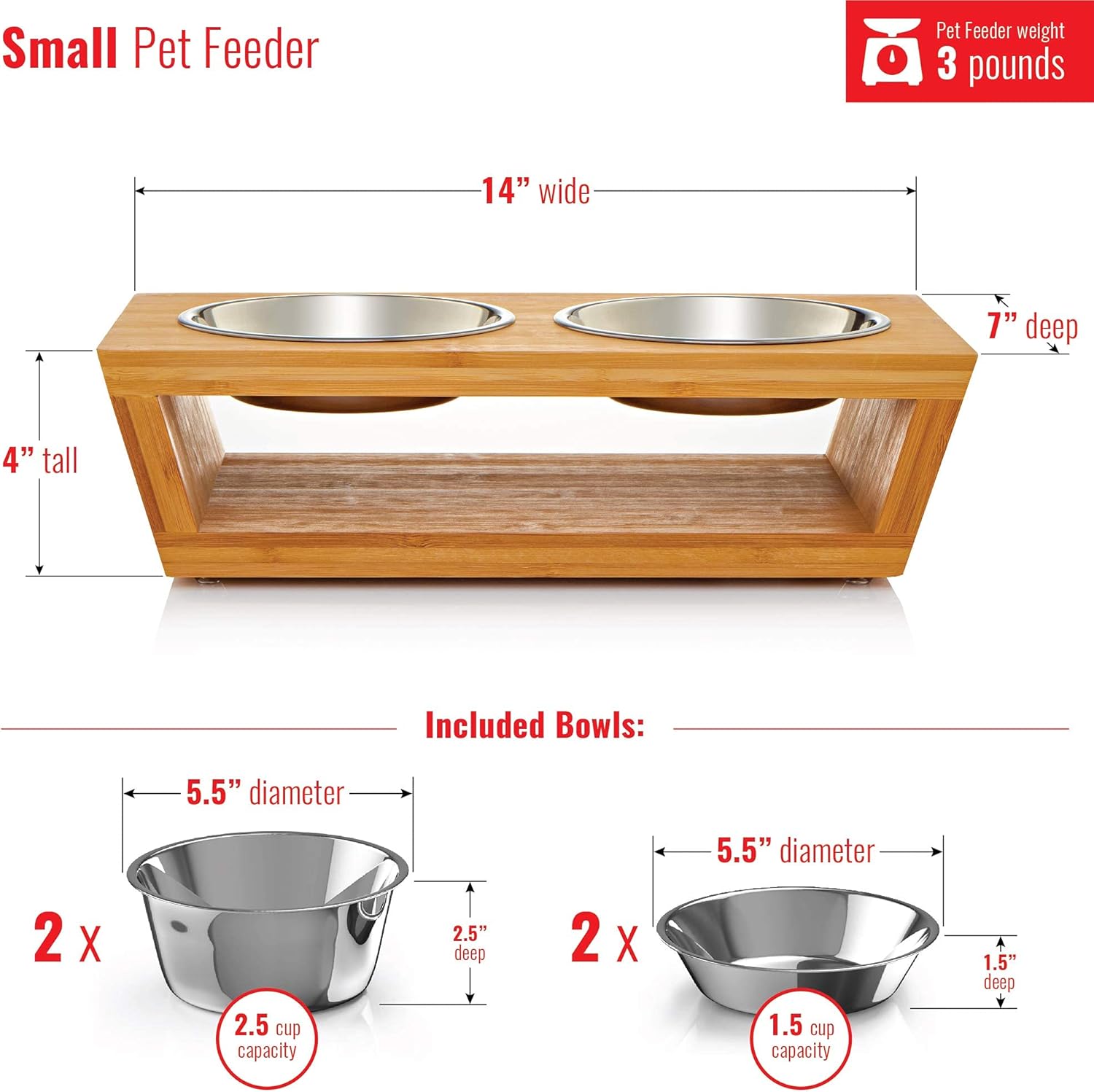 Pawfect Pets Elevated Dog Bowl Stand- 4&rdquo; Raised Dog Bowl for Small Dogs and Cats. Pet Feeder Comes with Four Stainless Steel Bowls