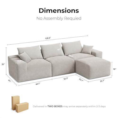 LIKIMIO 120" Modern L-Shaped Modular Sectional Sofa for Living Room, Corduroy Upholstery Green
