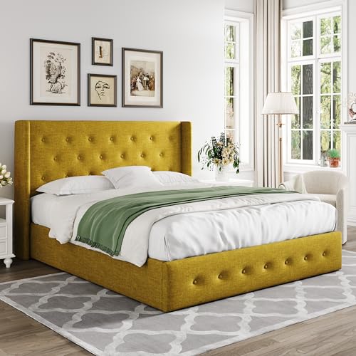 Allewie Full Size Lift Up Storage Bed, Modern Wingback Headboard, Hydraulic Support, No Box Spring Needed, Light Beige