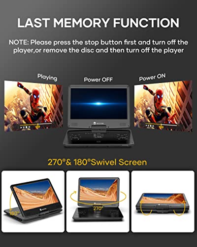 WONNIE 16.9" Portable Blu ray DVD Player with 14.1" 1080P HD Swivel Screen, 4-Hour Rechargeable Battery, Supports HDMI Output, Surround Audio