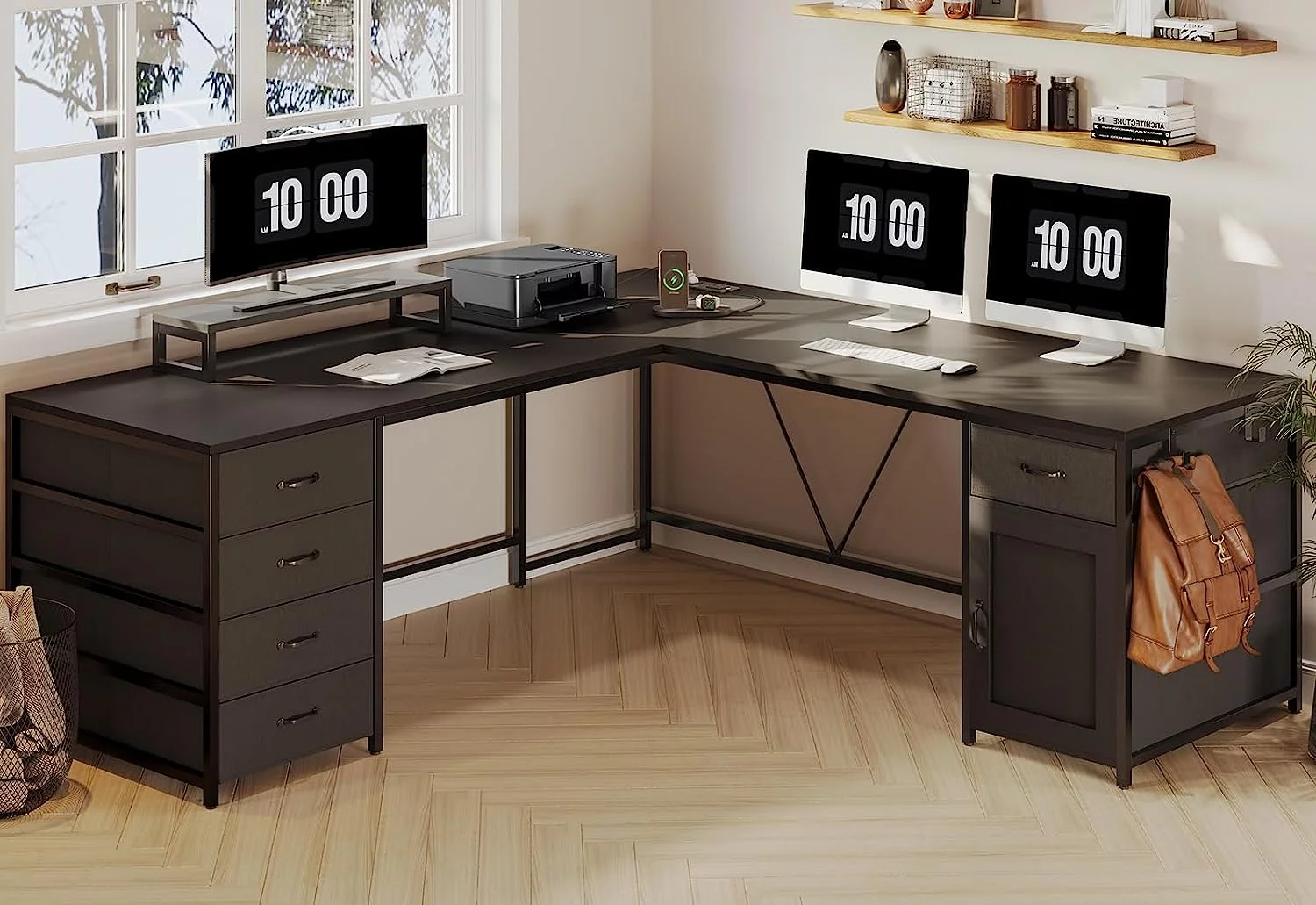 L Shaped Desk with 5 Drawer and Power Outlet, 63" Reversible Computer Desk with Monitor Shelf, Storage Cabinet, Black