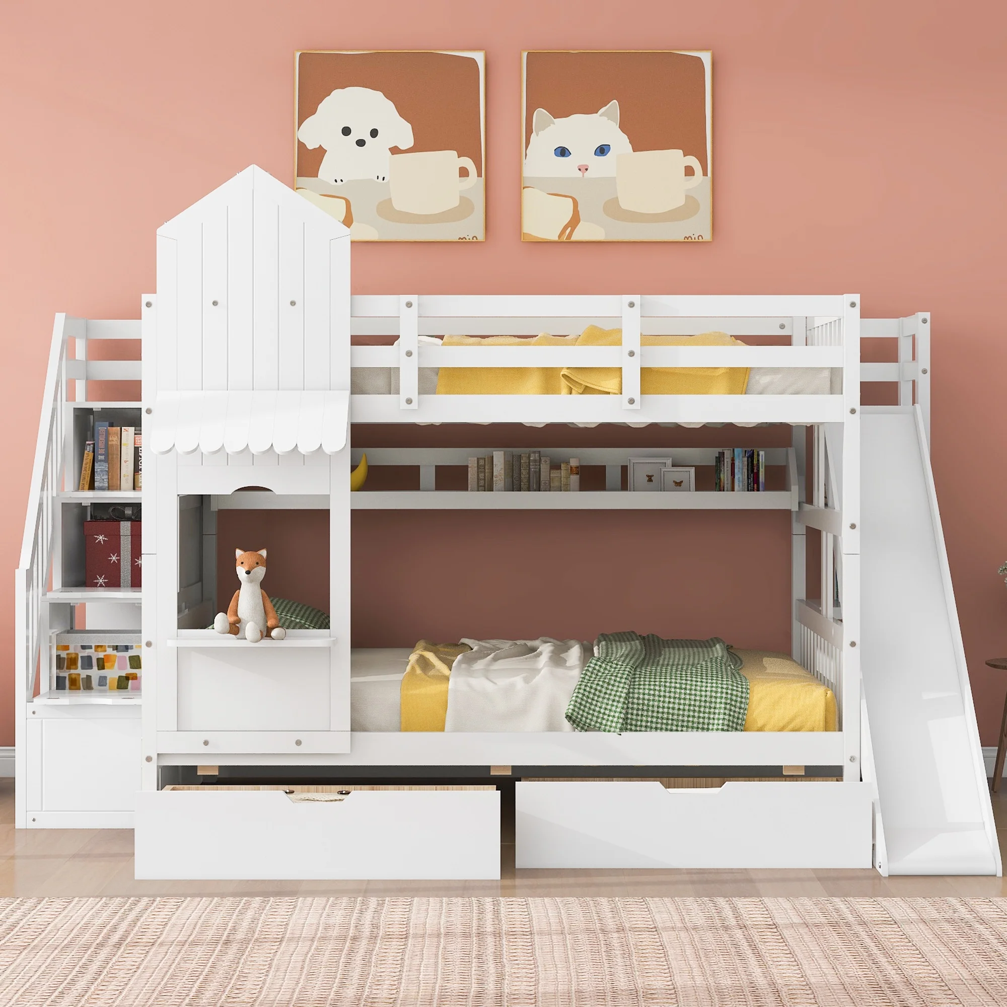 Bellemave Kids Castle Bunk Bed with Storage Drawers, Shelf, Slide and Safety Guardrail, Full Over Full Bunk Bed with Stairs