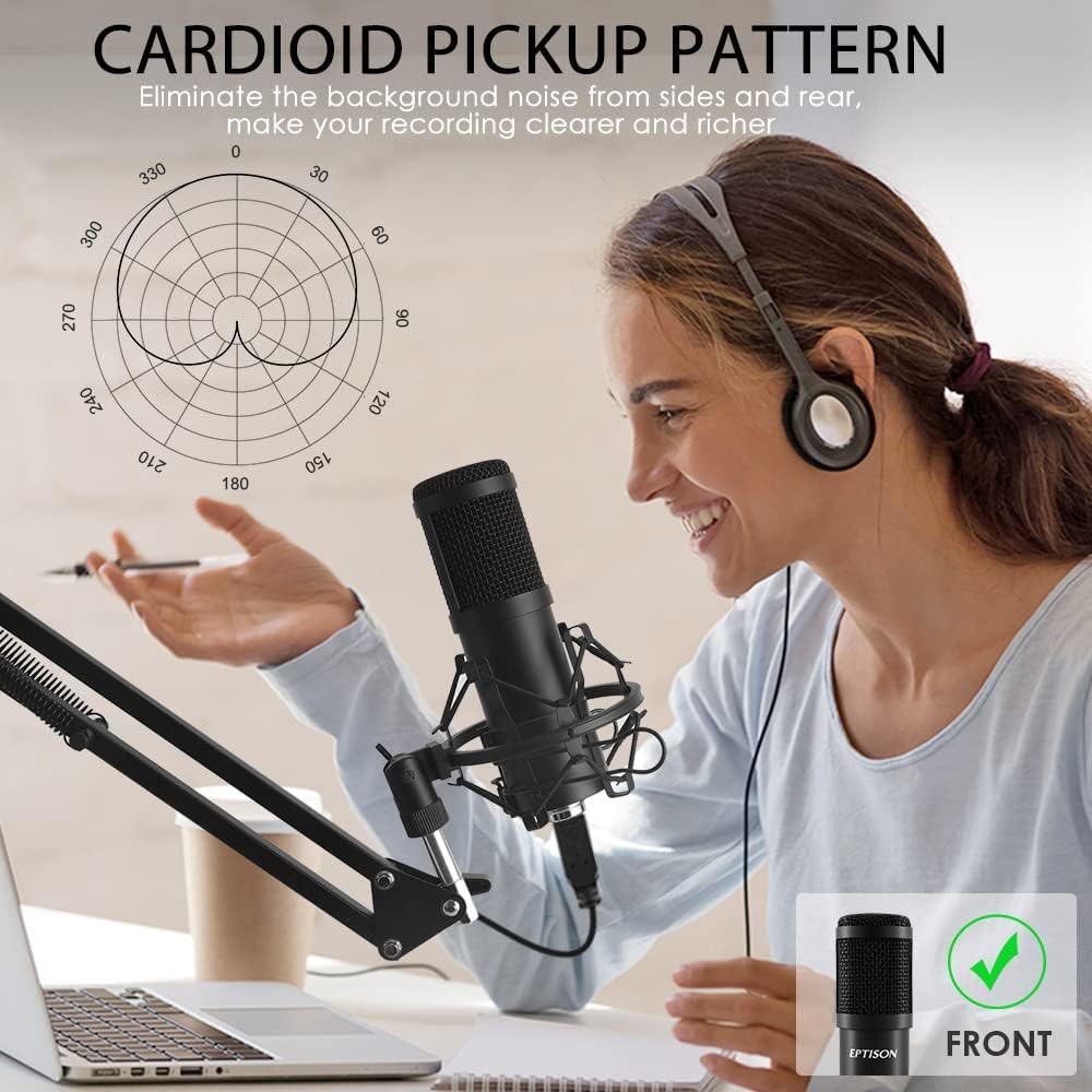 USB Microphone, EPTISON 192kHZ/24bit Professional PC Podcast Streaming Cardioid Condenser Microphone Kit with Boom Arm, Shock Mount, Pop Filter