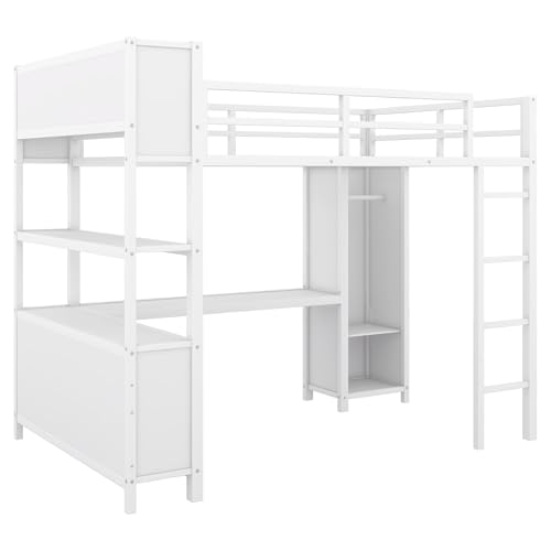 Bellamave Metal Loft Bed with Wardrobe and L-Shaped Desk, Full Size Loft Bed with Storage Cubes and Shelves, Heavy Duty LoftBed for Kids Teens Adults