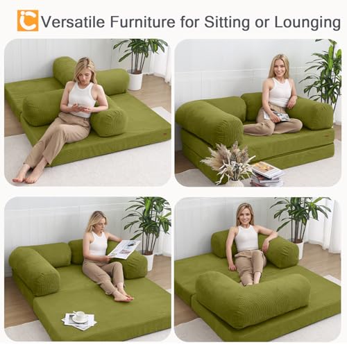 COMAX Folding Sofa Bed, Convertible Chair Bed Corduroy 3-in-1 Foldable Floor Couch with High-Density Foam, Futon Sofa Sleeper Mattress