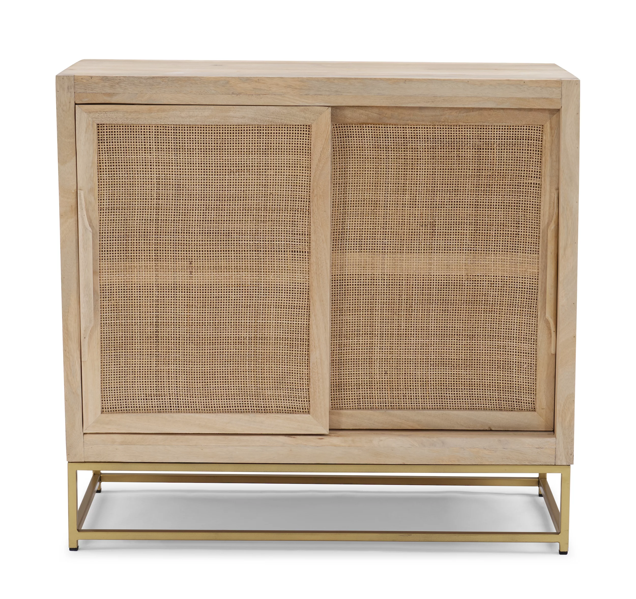 Blair Rattan Sliding Doors Cabinet with Shelves, Natural and Gold
