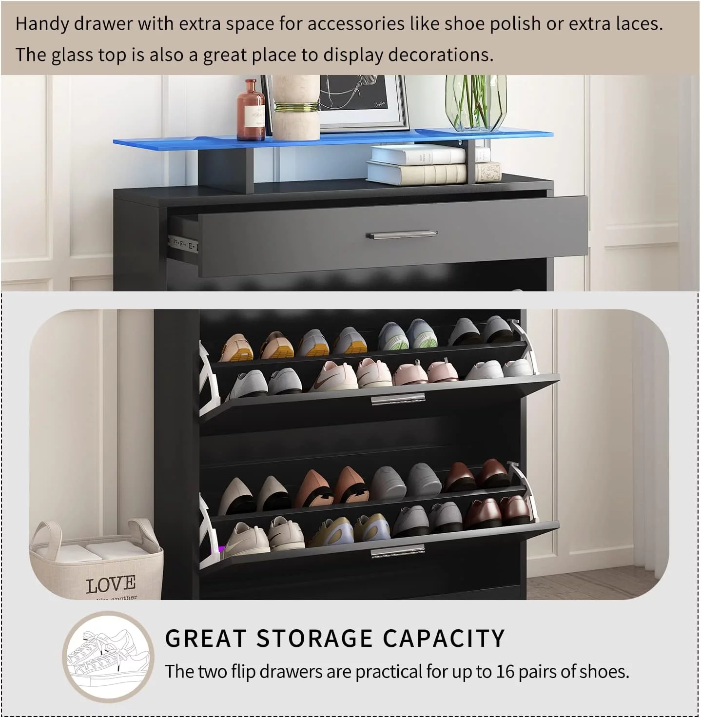 AngLink Slim Entryway Shoe Cabinet with 2 Flip Drawers, Modern Tempered Glass Top Shoe Storage Organizer with Drawer and Open Shelves