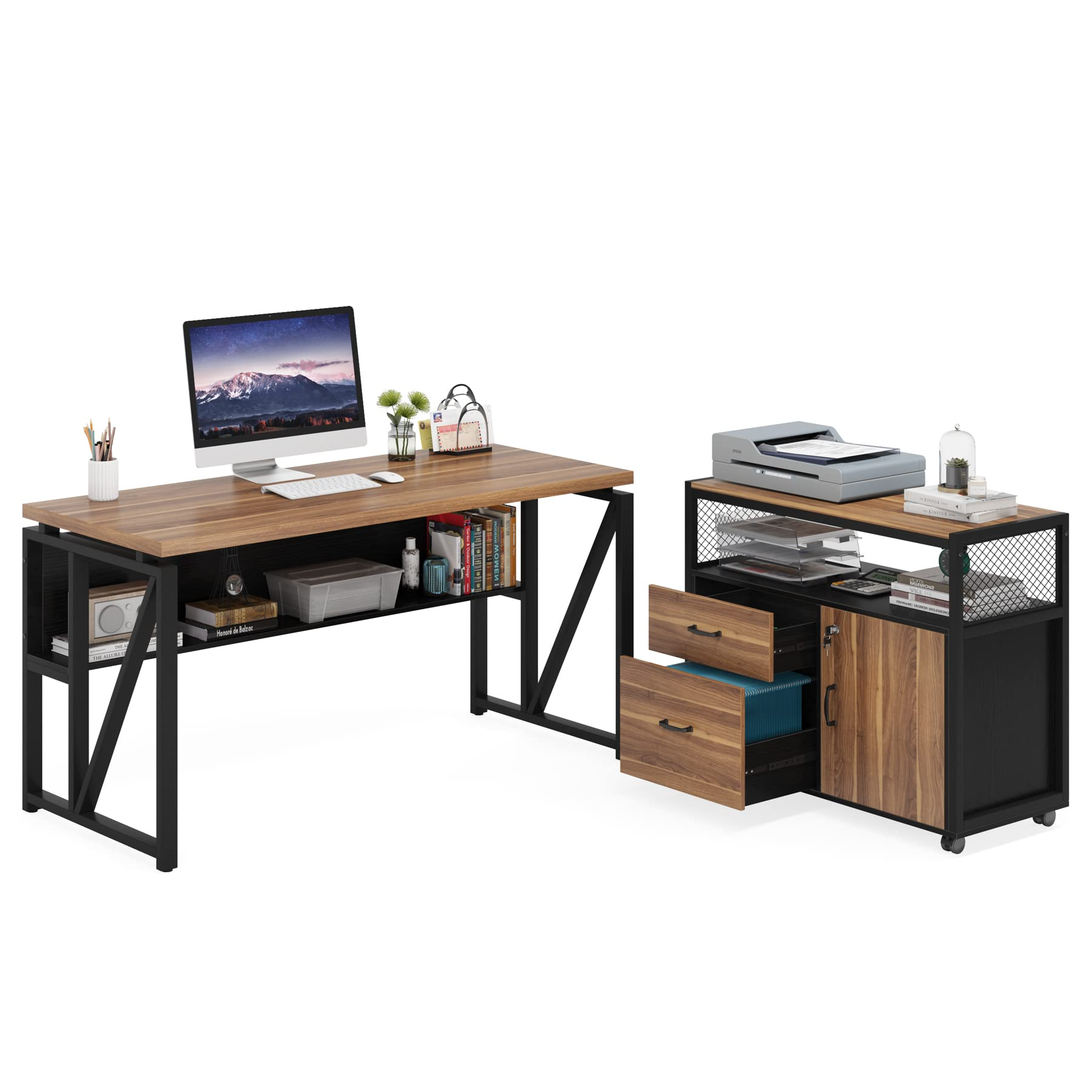 【Furniture】L Shaped Desk with Drawer Cabinet, 55" Executive Computer Desk and lateral File Cabinet
